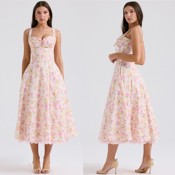 House of CB Rosalee Pink meadow Floral Stretch Cotton Petticoat Dress NWOT sz XS - Picture 3 of 9